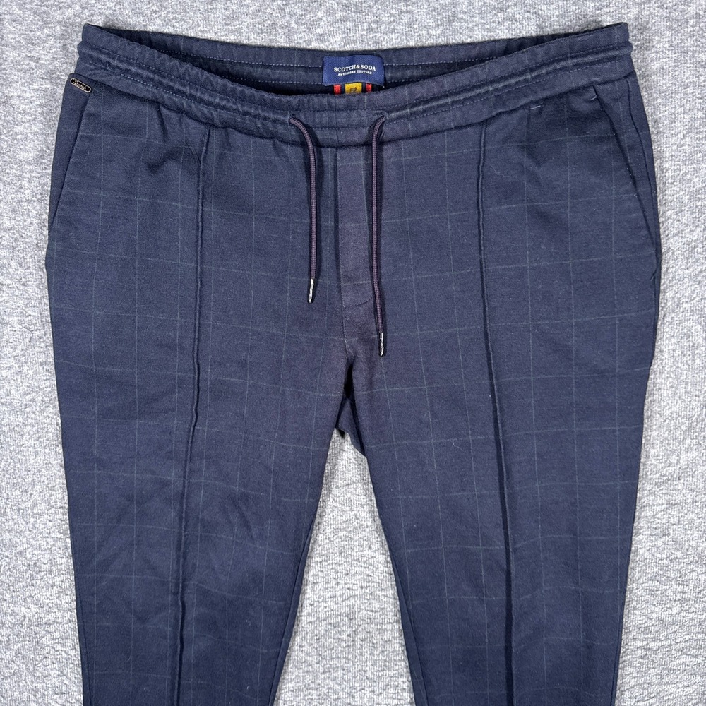 Scotch & Soda Trousers Mens XXL Navy Plaid Drawstring Wool Blend Pintuck Pants